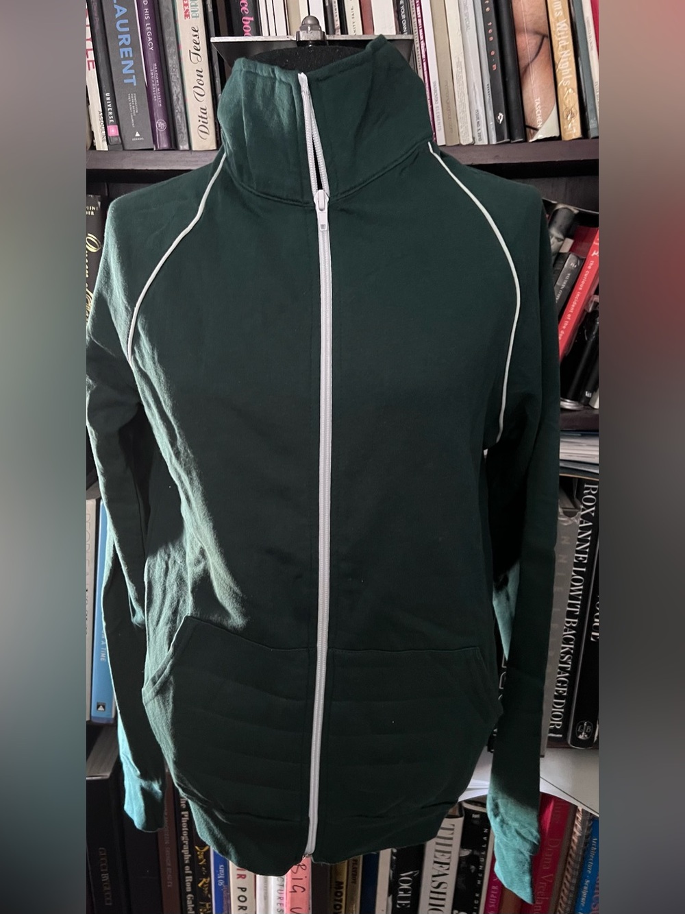 American Apparel Dark Green Zip Front 💯comb cotton Windbreaker with White Piping